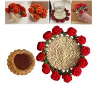 Flower Bouquet Blanket Coasters, Tabletop Potted Flowers, Mini Handmade Crochet Rose Romantic Knitted Gift for Girls Mom for Birthday, Anniversary, Valentines,Red