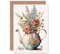 Flower Bouquet in a Floral Design Ceramic Teapot Flowers Nature Birthday Sealed Greeting Card Plus Envelope Blank inside