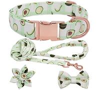 Flower Bow Tie Dog Collar and Leash Set Girl Dog Collar Dog Tag Metal Buckle Adjustable for Small Medium Large Dogs, Avocado-S