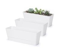 Flower Boxes, Greaner 3 Pack 12x3.8 Inch Rectangle Window Boxes, Herb Planters with Tray, Indoor Succulent Cactus Flowers Plastic Drawable Pot for Windowsill, Garden, Balcony, Office Outdoor (White)