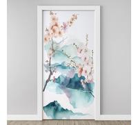 Flower Branches Mountain 3D Door Stickers Self Adhesive, Peach Blossoms Wallpaper Peel and Stick, Oriental Watercolor Door Murals, PVC Waterproof Door Decal for Bedroom Living Room 77x200 cm Y5h161