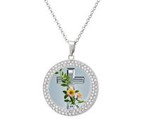 Flower Branches on The Cross Diamond Necklace for Women Girlfriend 20" Chain Hypoallergenic Jewelry Memorial Couple Necklace Custom Photo Pendant Necklaces Birthday Anniversary Romantic Gift for Her