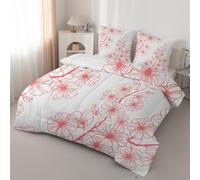 Flower Branches Queen Size Duvet - Flower branch retro Red Comforter Sets for all Seasons - Reversible Coverless Duvet Queen Quilt Soft lightweight and Machine Washable - Queen 228x228cm J187