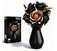 Flower Building Blocks Rose Bouquet Building Set, Black Gold Roses with Glitter Vase, Wither-Free Metal Look Flowers for Adults, Luxury Gothic Table Decoration, Creative Gift for Valentine's Day