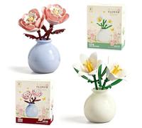 Flower Building Blocks Set, 2PCS Building Blocks Plant Lily and Peony - Mini DIY Brick Flowers Set (Including Ceramic Vase), Flower Block, Delicate Desk Decorations, Birthday Gift for Girls Boys