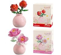 Flower Building Blocks Set, 2PCS Building Blocks Plant Rose and Peony - Brick Flower Set (Including Ceramic Vase), Mini Botanical Plants Model Kit for Adults, Home Decor Flowers Display
