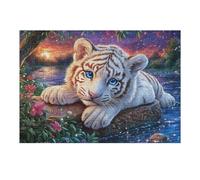 Flower Bush Lying White Tiger 300 Piece Jigsaw Puzzle Flora Rock Meadow For Men Cognitive Development Adults Anxiety Memory Care Mothers Valentines Gift High-grade Rigid Cardboard 300 PCS