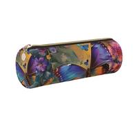 Flower Butterfly Printed Leather Pencil Case Cute Stationery Organizer Round Makeup Bag Pen Pouch, Gold Zipper