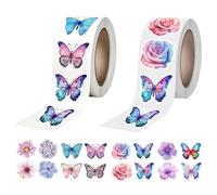 Flower Butterfly Stickers Roll, 1000 Pcs 3D Cute Roll Well Done/Reward Stickers, 16 Styles Colorful Spring Floral Decals for Parties, Walls, Scrapbooks, Envelopes, Birthday and Greeting Cards