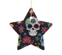 Flower Cactus Sugar Skull Ornament with String, Keepsake Hanging Decorations,Ceramic Ornaments for Women Men Indoor Home Holiday Party Gifts