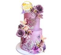 Flower Cake Topper Purple Cake Decorations with Artificial Flowers Butterfly Balls for Wedding Baby Shower Birthday Party Supplies