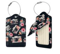 Flower Camera Luggage Tag for Suitcase PU Leather Suitcase Tag with Stainless Steel Loop and Address Card Baggage Tags Cute Bag Name Travel Tags ID Labels for Women Men 1 PC