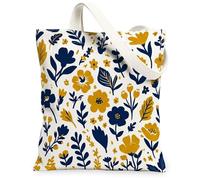 Flower Canvas Tote Bag for Women, Floral Modern Leaf Petal Spring Navy Washable Reusable Market Tote Bag for Shopping Brunc, Navy, 13x15 Inch
