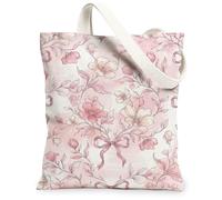 Flower Canvas Tote Bag for Women, Romantic Vintage Bow Leaf Spring Peach Washable Reusable Grocery Bags Ideas for Travel Work Shopping Bookstore 13x15 Inch