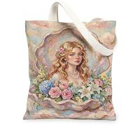 Flower Canvas Tote Bag for Women, Romantic Vintage Lady Pearl Spring Pastel Washable Reusable Aesthetic Tote Bag Ideas for Travel Work Shopping Bookstore 13x15 Inch