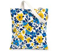 Flower Canvas Tote Bag for Women, Spring Floral Leaf Flowering Spring Blue Washable Reusable Market Tote Bag for Shopping B, Blue, 13x15 Inch