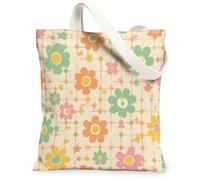 Flower Canvas Tote Bag for Women, Spring Playful Star Circle Spring Pastel Green Washable Reusable Small Tote Bag Ideas for, Pastel Green, 13x15 Inch