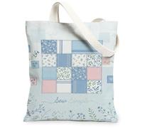 Flower Canvas Tote Bag for Women, Spring Vintage Patchwork Leaf Spring Blue Washable Reusable Everyday Tote Bag for Shopping Brunch Park Library Day Trips 13x15 Inch