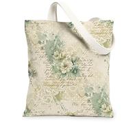 Flower Canvas Tote Bag for Women, Vintage Romantic Lace Script Spring Green Washable Reusable Aesthetic Tote Bags Ideas for Shopping Trips Office Library Casual 13x15 Inch