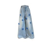 Flower Cargo Jeans for Girls Baggy Wide Leg Elastic Straight Pants Girls Kids Trendy Flare Vintage Casual Trousers Girls Black Distressed Jeans Riped Jeans for 11-12(Blue, 10-11 Years)