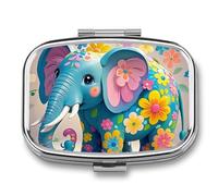 Flower Cartoon Elephant Pill Box 2 Compartment Square Pill Box for Pocket Purse Portable Travel Medicine Tablet Vitamin Holder Organizer Mini Decorative Pill Case