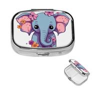 Flower Cartoon Elephant Pill Case Portable Square Pill Box 2 Compartment Pill Organizer Cute Travel Pill Container Vitamin Organizer for Purse Pocket Travel Gift