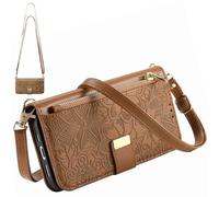 Flower Case for Huawei Mate 80 Pro Max, Magnetic Cover with Crossbody Strap, Zipper Pocket Handbag for Huawei Mate 80 Pro Max-Brown