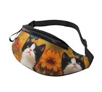 Flower Cat Fanny Pack Black and White Cat Crossbody Bag Butterfly Cat Hands-Free Bag Bus Riders 14X35CM