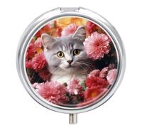 Flower Cat Pill Box, Cute Round Portable Pill Case for Medicine Tablets, Vitamin Organizer for Wallet Pocket