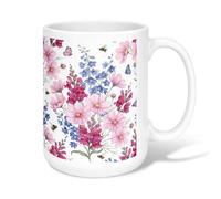 Flower Ceramic Coffee Mug, Floral Natural Bee Butterfly Spring Peach Novelty Office Drinking Cup with Handle Ideal for Friendship Family Colleague Staff Sweetheart Teachers 15 Oz