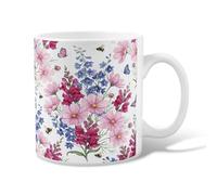 Flower Ceramic Coffee Mug, Floral Natural Bee Butterfly Spring Peach Novelty Tea Mug with Handle Ideal for Friends Family Co-Worker Lovers Eldership Senior 11 Oz