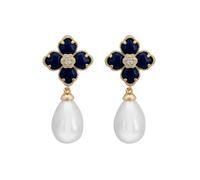 Flower Clover Pearl Drop Earrings Lapis Lazuli Gold