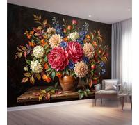 Flower Clusters Twigs Vintage Decoration Photo Mural 400 x 280 cm | Peony Dahlia Classical Non-woven Wallpaper for wall surfaces in various rooms Dark Colours Wall Mural