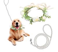 Flower Collar for Dogs Wedding, Puppy Wedding Floral Dog Wedding Collar Female Puppy Dog Collar with Flower Accessory Pearls Beaded Dog Leash for Medium Dogs Pets Photo Prop