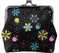 Flower Colorful Seamless Pattern Women's Leather Coin Purse, Small Change Pouch with Kiss-Lock Clasp Closure Buckle Wallet for Girl Gift