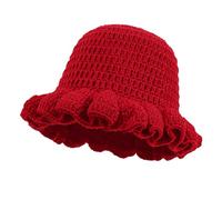 Flower Crochet Bucket Hat Handmade Foldable Beach Hat Floral Cap Trendy Warm Hollow Flower Knitted Bucket Hat Knit Cloche Bowler Hats (Red, One Size)