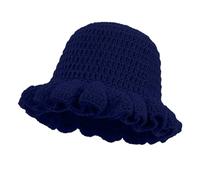 Flower Crochet Bucket Hat Handmade Foldable Beach Hat Floral Cap Trendy Warm Hollow Flower Knitted Bucket Hat Knit Cloche Bowler Hats (Navy, One Size)