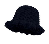 Flower Crochet Bucket Hat Handmade Foldable Beach Hat Floral Cap Trendy Warm Hollow Flower Knitted Bucket Hat Knit Cloche Bowler Hats (Black, One Size)