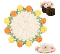 Flower Crochet Cup Pad, Handmade Bouquet Blanket Cup Mat with Crochet Plant Pot, Fun Soft Decorative Mug Mat for Coffee Tabletop Protection and Home Decor, Gifts for Mother's Day(2Pack)