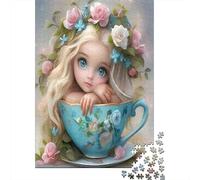 Flower Crown Blonde Girl 1000 Piece Jigsaw Puzzle Blue Floral Teacup Jigsaw Puzzle for Adults Puzzle Game for Family Stress Relief Home Gift 52x38cm/1000pcs
