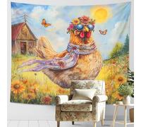 Flower Crown Chicken Tapestry, Vibrant Yellow Farm Animal Wall Hanging, Cute Bohemian Decor for Spring Bedroom, Living Room, Playroom, Fun Tapestry Art 80x60 Inch