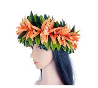 Flower Crown Flower Headband Leis Silk Expandable Maile Leaf Crown With Spider Lilies And Baby's Breath Hawaiian Tahitian Head Crown Lei for Party, Wedding Decorations(Orange)