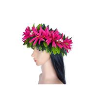 Flower Crown Flower Headband Leis Silk Expandable Maile Leaf Crown With Spider Lilies And Baby's Breath Hawaiian Tahitian Head Crown Lei for Party, Wedding Decorations(Rose Red)