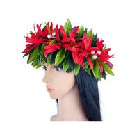 Flower Crown Flower Headband Leis Silk Expandable Maile Leaf Crown With Spider Lilies And Baby's Breath Hawaiian Tahitian Head Crown Lei for Party, Wedding Decorations(Red)