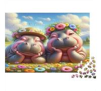 Flower Crown Hippos Jigsaw Puzzle for Adults 1000 Piece Jigsaw Puzzle Cute Animals Relaxing Gift Home Decor 52x38cm/1000pcs