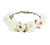 Flower Crown Rose Peony Garland Headband Hair Wreath Floral Headpiece with Adjustable Ribbon Wedding Festival Party (white)