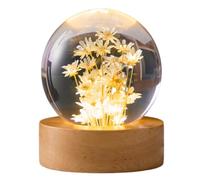 Flower Crystal Ball Night Light with Woodern Base Cute Night Light Office Home Decor Round Ball Night Lamp Gifts for Men Women Boys Girls (Yellow Daisy)