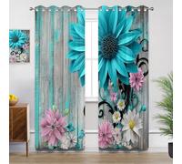 Flower Curtains - Turquoise Rustic Boho Farm Wooden Board Bedroom Curtain Eyelet Blackout Thermal Insulated, Small Window Curtains for Living Room, W46 X D72, 2 Panels Drapes Home Decor