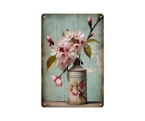 Flower Decor Cherry Blossom Metal Tin Sign - Japanese Cherry Blossom Branch Design Decorative Aluminum Sign, 5.5x8 Inches, Zen Asian Inspired Home Office Decor