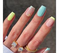 Flower Design False Nails, 24Pcs Short Square Cute Press on Nails with Glue Stickers, Blue French Tips Natural Acrylic Full Cover Artificial stick on Nails for Women and Girls DIY Nail Manicure